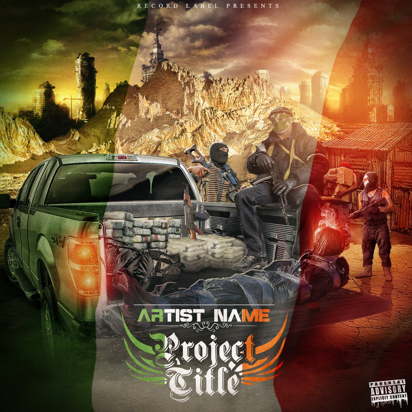 Premade digital coverart - Cartel style scene in desert, contraband, body, mexican style street scene, hip hop, rap