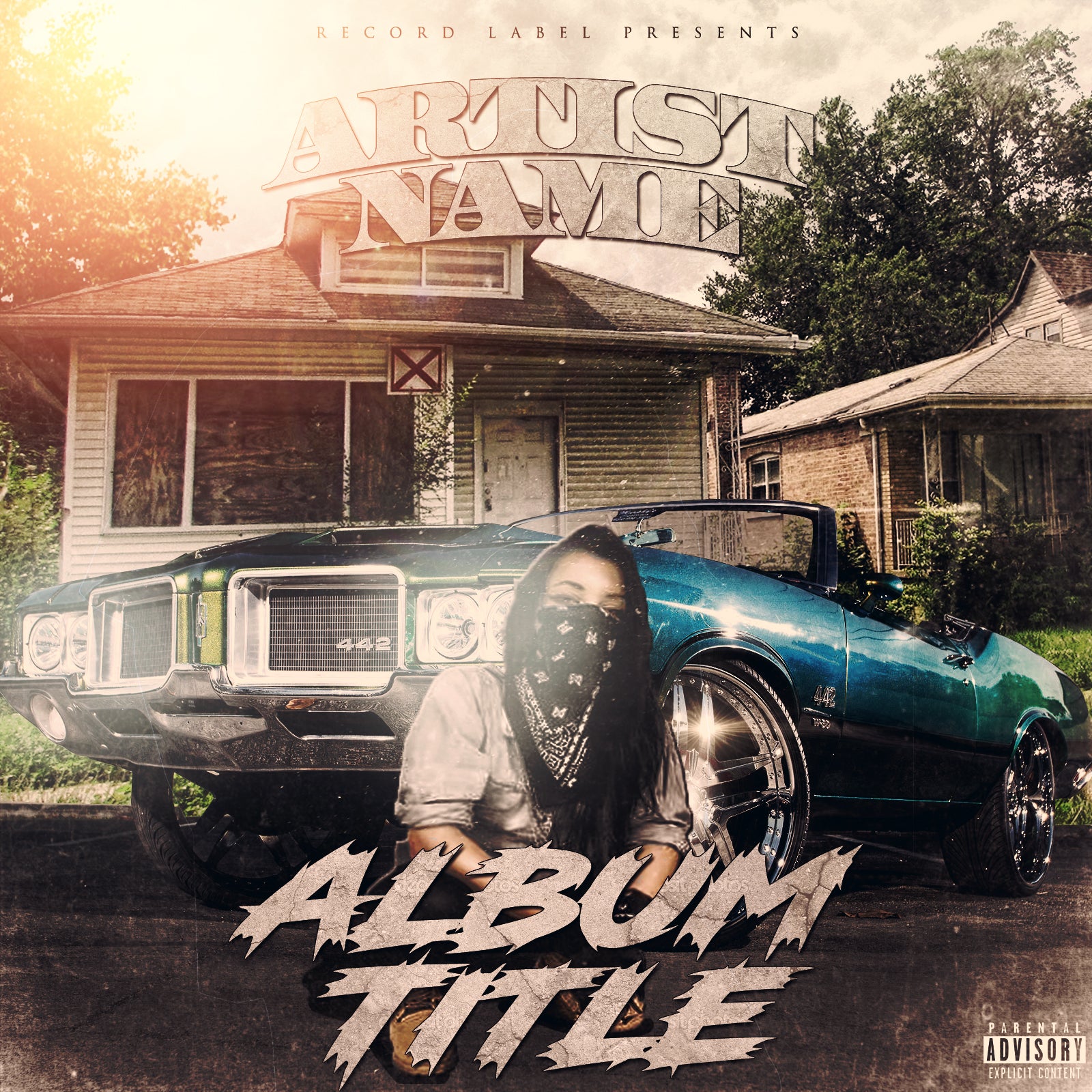 Premade digital coverart - female, 442 convertible muscle car style, street scene, hip hop, rap