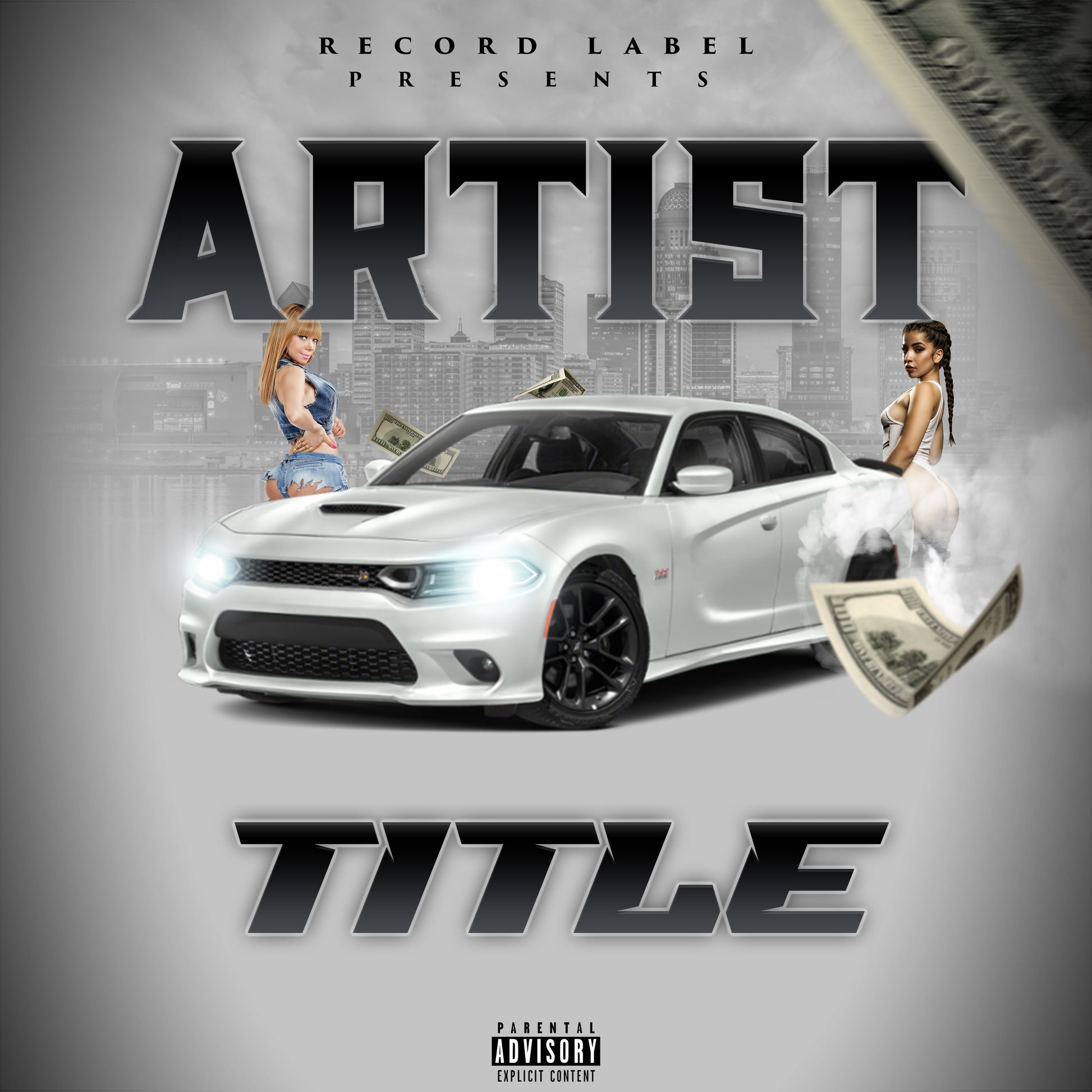 Premade digital coverart - White car, faded city aesthetic, female models, charger, money, hip hop, rap