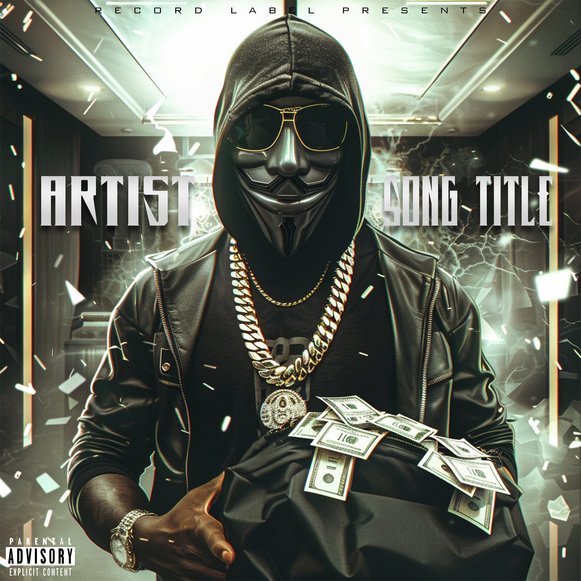 Premade digital coverart - Heist style scene, masked character, bag of money, shattered debris, cinematic feel, hip hop, rap