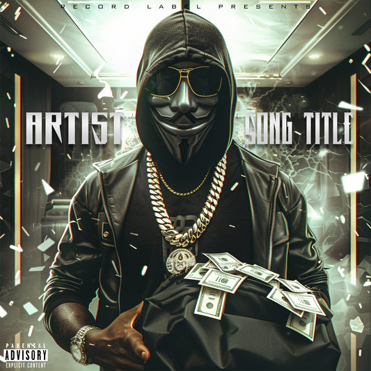 Premade digital coverart - Heist style scene, masked character, bag of money, shattered debris, cinematic feel, hip hop, rap