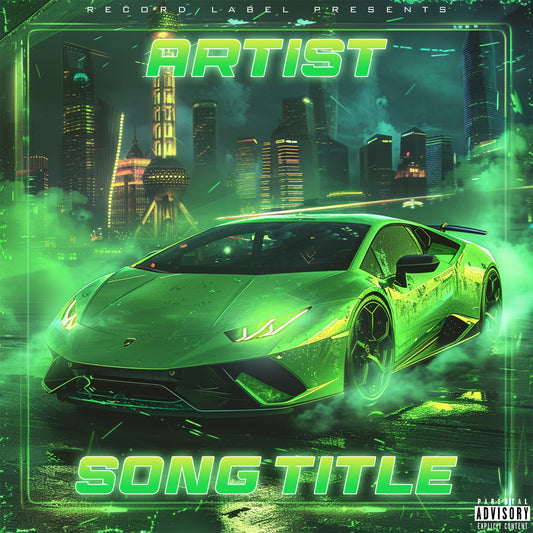 Premade digital coverart - Green Lambo car, futuristic style, street scene, hip hop, rap