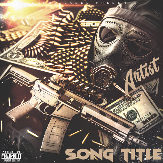 Premade digital coverart - Heist style, assault rifle, mask, bullets, money, cinematic feel, hip hop, rap