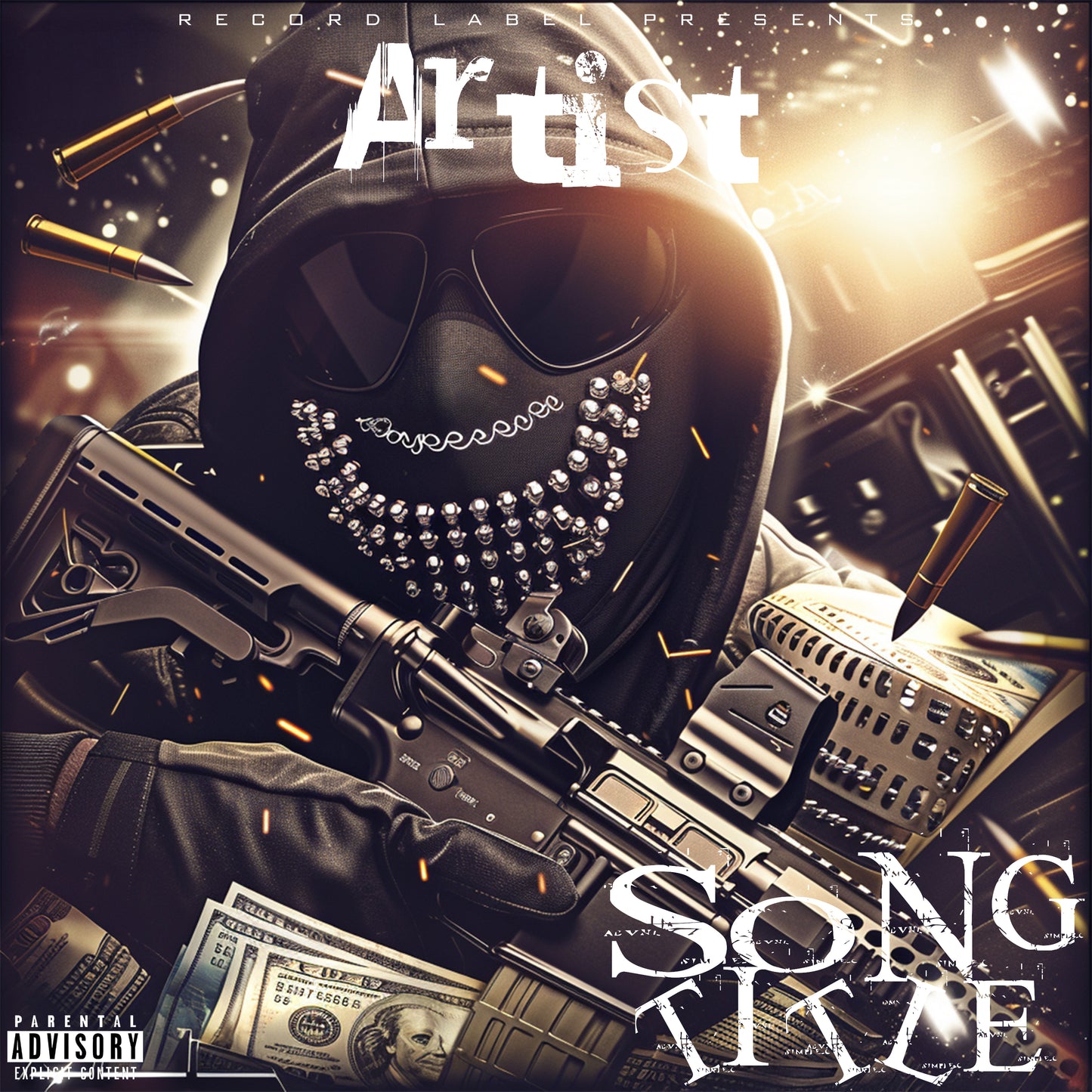 Premade digital coverart - masked character holding assault rifle, bullet casings, money, cinematic style, hip hop, rap