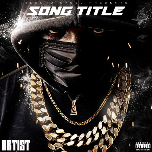 Premade digital coverart - Gritty backdrop, character in all black, gold chain, debris, cinematic feel, hip hop, rap