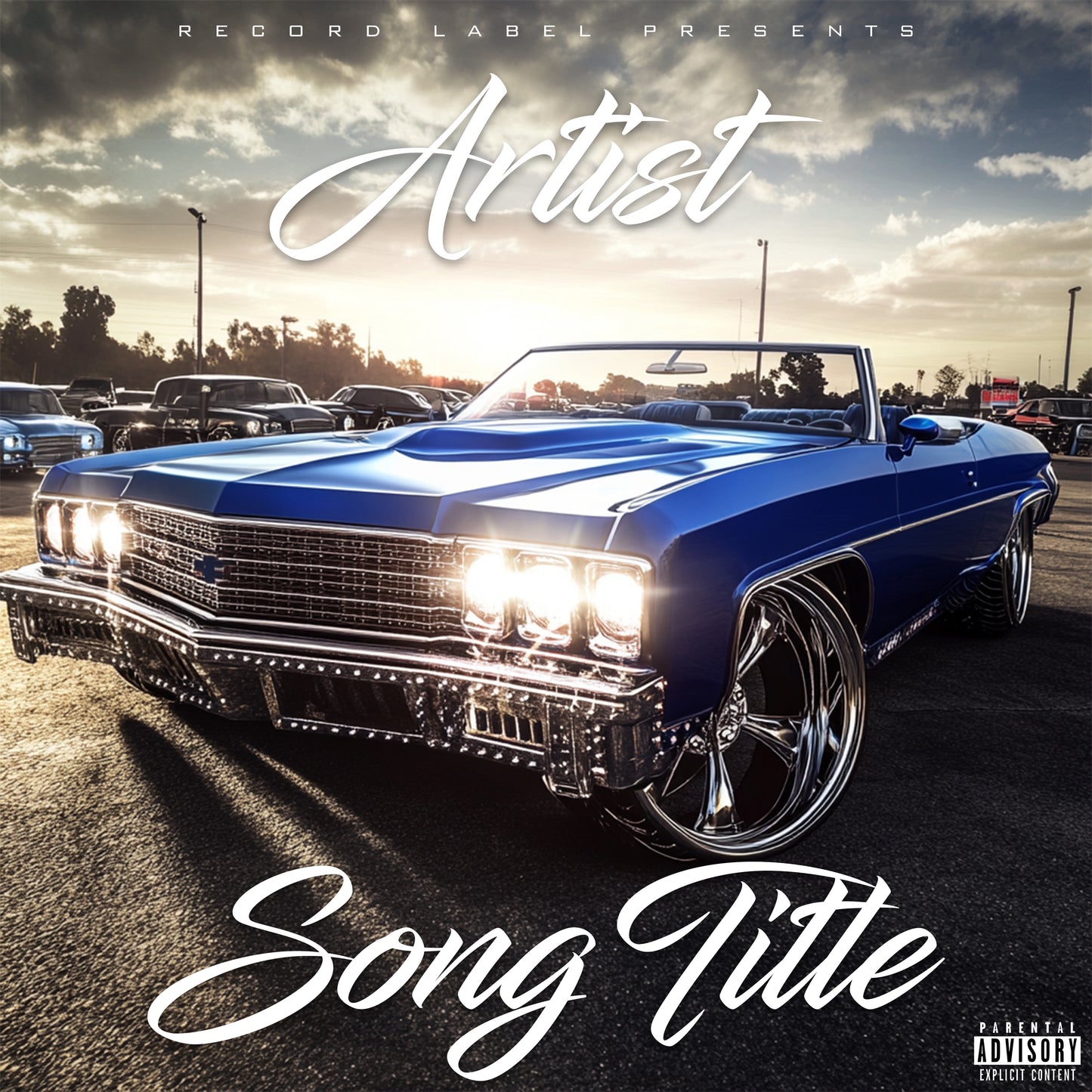 Premade digital coverart - Blue convertible muscle car style, street scene, hip hop, rap